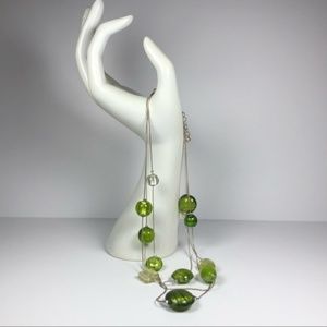 Green Glass Bead Multi Strand Necklace Silver Tone